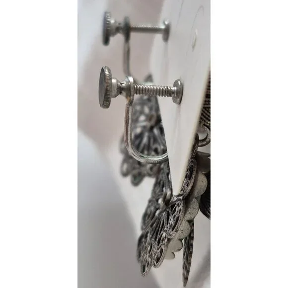 Vintage Screw Back Filigree Earrings Floral Turquoise Antique Silver Tone - Picture 5 of 8